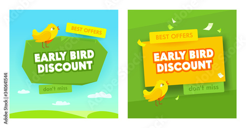 Early Bird Sale Banners Set. Advertising Discount Special Business Offers, Promotion. Background with Typography, Design for Shopping Discount. Social Media Promo Template. Cartoon Vector Illustration