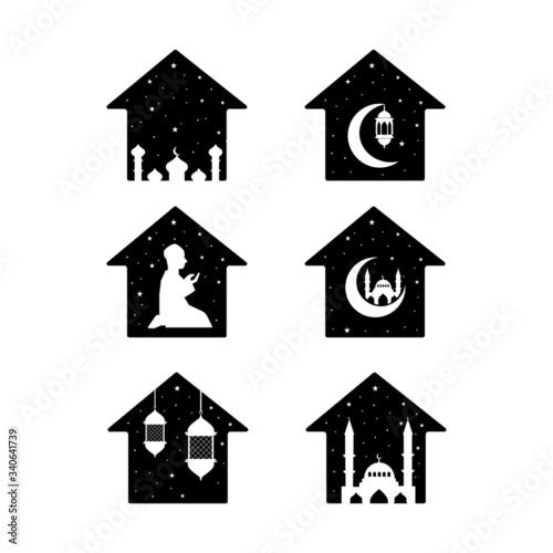 Minimal icon stay home, stay safe logo for self quarantine and physical distancing in holy month of ramadan with house roof icon and ''Ramadan kareem at home'' text together.