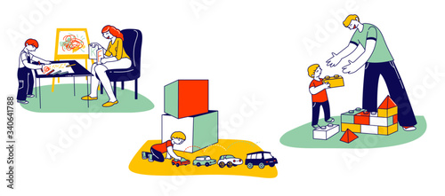 Autism Concept. Little Children Characters with Mental Disorder Boy Building Tower of Constructor Blocks, Playing with Cars. Kid Exercising with Tutor or Teacher. Linear People Vector Illustration
