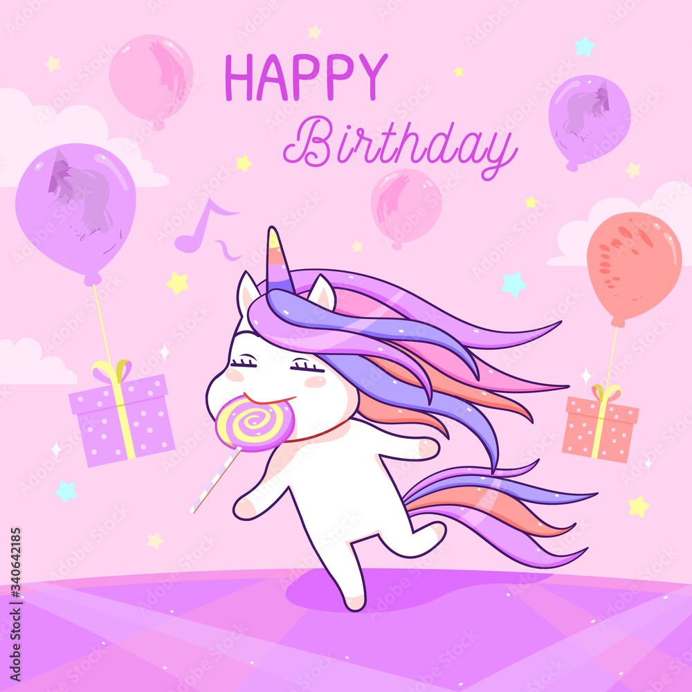 Happy birthday greeting card set, kawaii unicorn with lollipop and ...