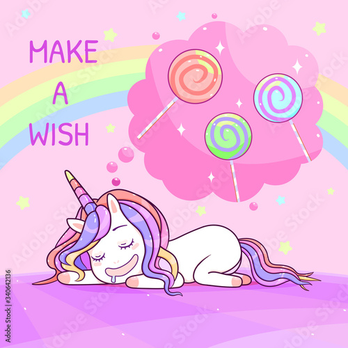 Happy birthday greeting card set  kawaii unicorn dream about lollipop  cartoon style illustration