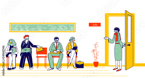 People in Medical Masks Waiting Job Interview Sitting in Office Lobby. Applicants Characters with Cv Hiring Work at Covid 19 Pandemic. Hr Agent Invite Candidate to Cabinet. Linear Vector Illustration