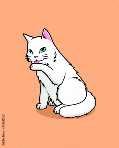simple illustration of white cat licks its pawn