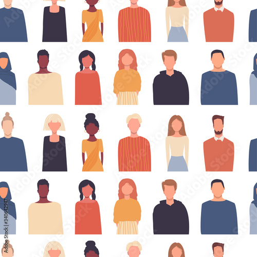 Vector seamless pattern in flat style with people of different nationalities, cultures isolated on white. Cultural diversity. Multiethnic global society. Friendship, communication, traveling