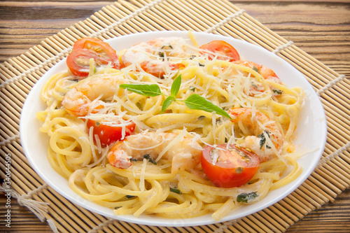 delicious Spaghetti pasta with prawns on plate