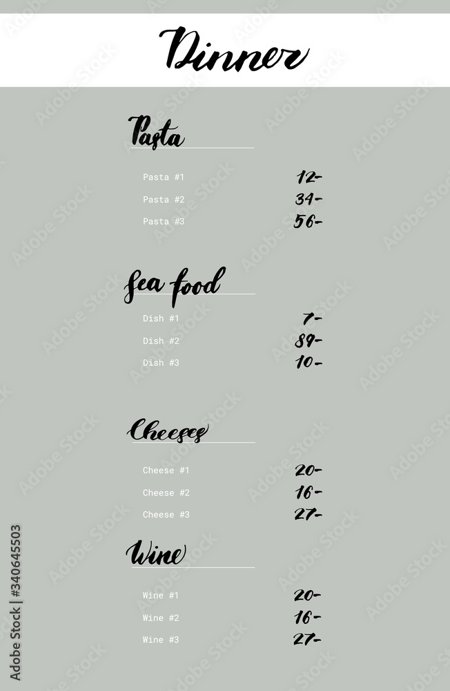 Restaurant brochure vector, menu hand lettering design. Vector cafe template with hand-drawn graphic. Dinner, wine, cheese, sea food, pasta. Food flyer design layout with lettering.