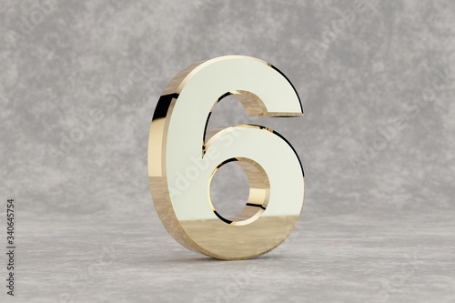 Gold 3d number 6. Glossy golden number on concrete background. Metallic alphabet with studio light reflections. 3d rendered font character.