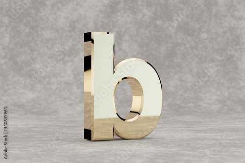 Gold 3d letter B lowercase. Glossy golden letter on concrete background. Metallic alphabet with studio light reflections. 3d rendered font character.