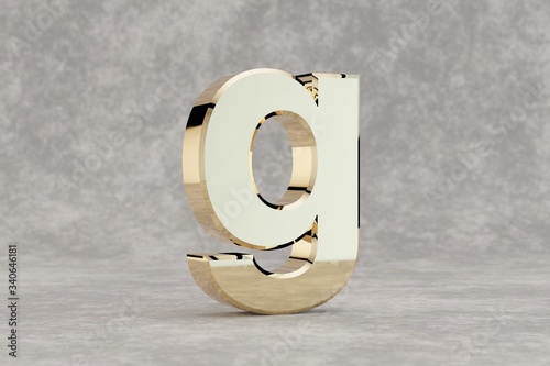 Gold 3d letter G lowercase. Glossy golden letter on concrete background. Metallic alphabet with studio light reflections. 3d rendered font character.