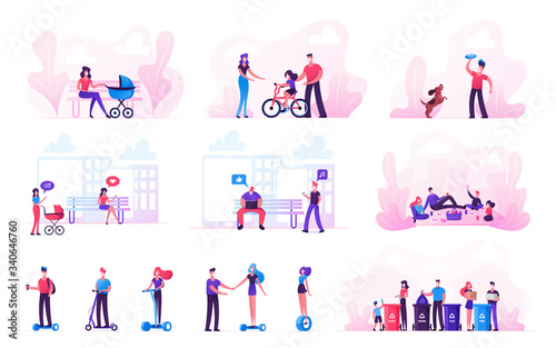 Set of Male and Female Characters during Covid19 Pandemic and Coronavirus Quarantine Self Isolation. City Life, Active Sparetime. Family and Couples Relax in Park. Cartoon People Vector Illustration