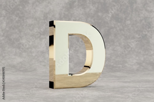 Gold 3d letter D uppercase. Glossy golden letter on concrete background. Metallic alphabet with studio light reflections. 3d rendered font character.