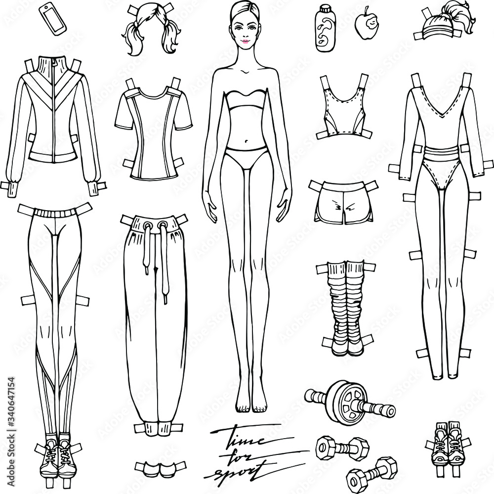 Vector set: paper doll and collection of comfortable sport clothes