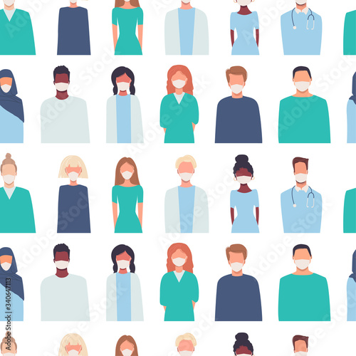 Doctors, nurses, healthcare workers, medical staff. Vector seamless pattern in flat style with people of different nationalities in masks isolated on white. Coronavirus COVID-19. Health care, medicine