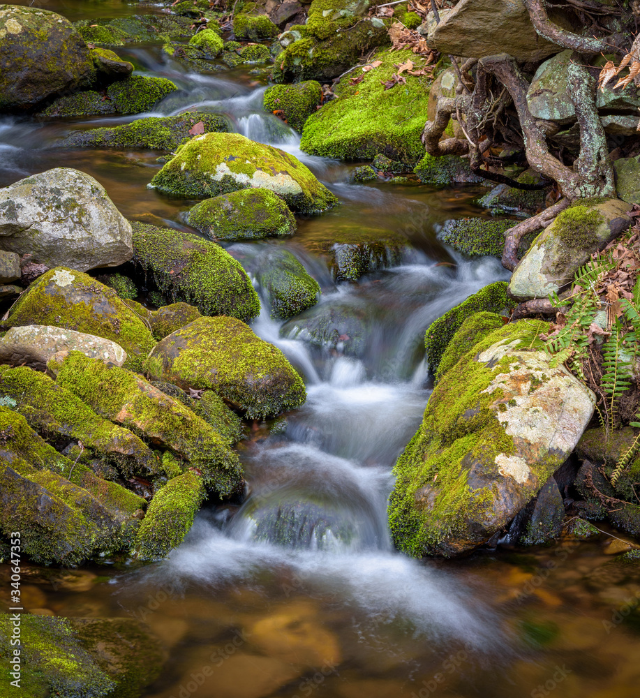 Running white water running around moss-covered rocks at Stokes State Forest, New Jersey Running white water running around moss-covered rocks at Stokes State Forest, New Jersey