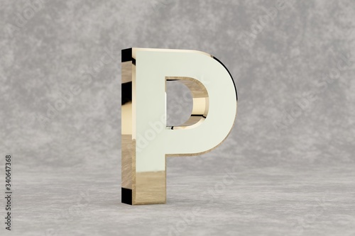 Gold 3d letter P uppercase. Glossy golden letter on concrete background. Metallic alphabet with studio light reflections. 3d rendered font character.