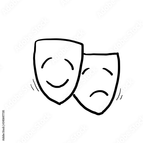 hand drawn theater mask illustration with happy and sad expression illustration with doodle style vector