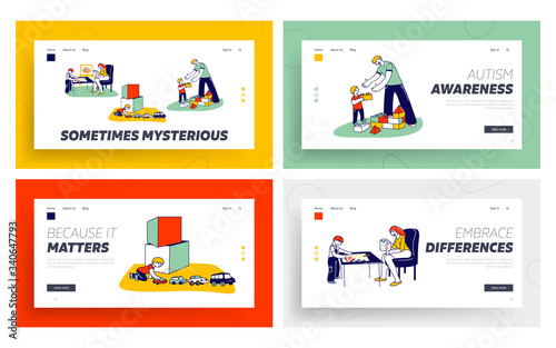 Autism Landing Page Template Set. Little Children Characters with Mental Disorder Exercising with Tutor or Teacher. Boy Building Tower of Blocks, Playing with Cars. Linear People Vector Illustration