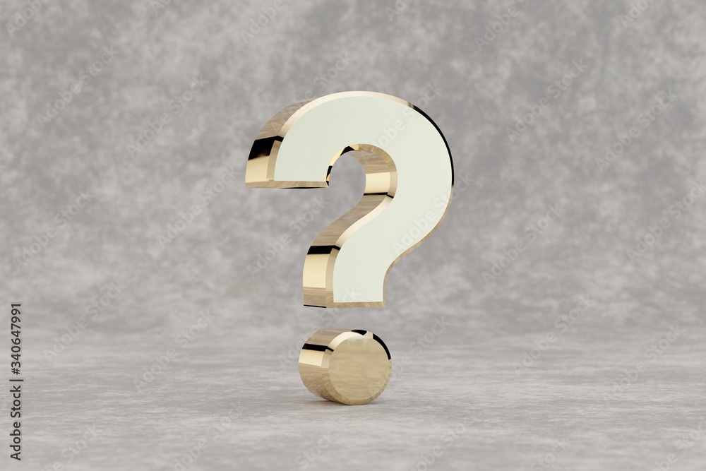 Gold 3d question symbol. Glossy golden sign on concrete background. Metallic alphabet with studio light reflections. 3d rendered font character. Gold 3d question symbol. Glossy golden sign on concrete background. Metallic alphabet with studio light reflections. 3d rendered font character.