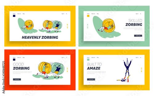 Zorbing Fun Recreation and Aerial Acrobats Performance Landing Page Template Set. Kids Character Having Leisure with Zorb Balls. Gymnasts Performing on Circus Arena. Linear People Vector Illustration