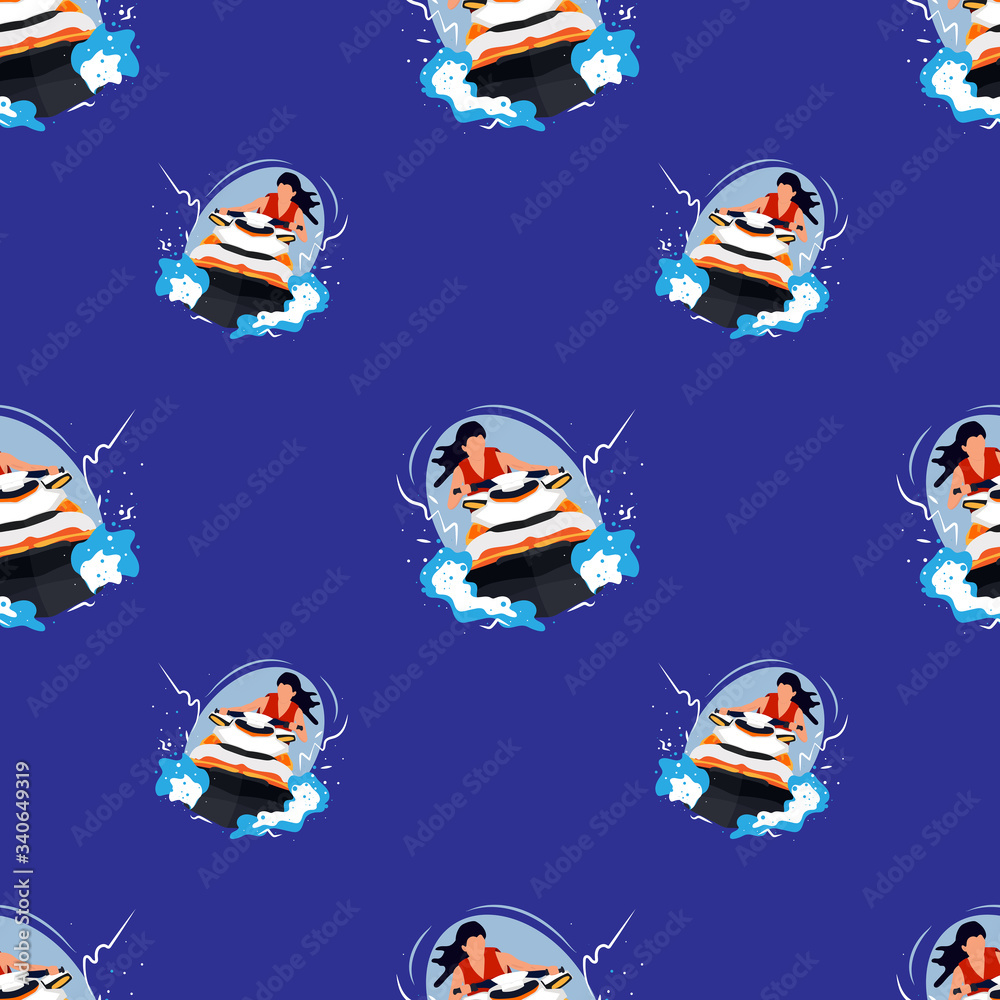 Seamless pattern of woman rides a water scooter. Stock illustration isolated on blue background. Traveling around the world. Flat design for fabric, textile and ets.