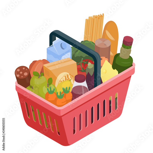 Red shopping basket with different food isometric illustration. Stock vector. Grocery shopping, supermarket illustration. Isolated on white.