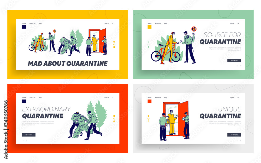 Quarantine Control Landing Page Template Set. Characters Violate Self Isolation, Policemen Arrest Person in Costume of Tree, Bicyclist in Park, Cheking Quarantined People. Linear Vector Illustration