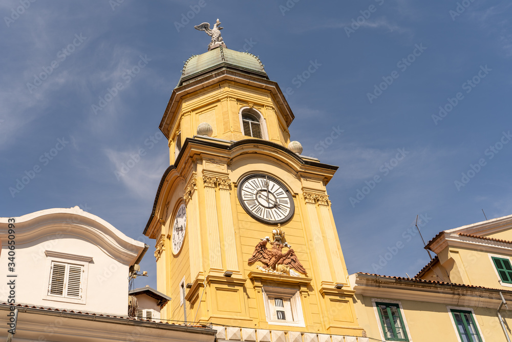 City Clock Tower of Rijeka in Croatia in front of the blue sky. June 2019