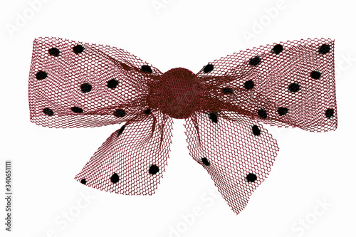A polka dot lace gift bow in green with black spots isolated on a white background