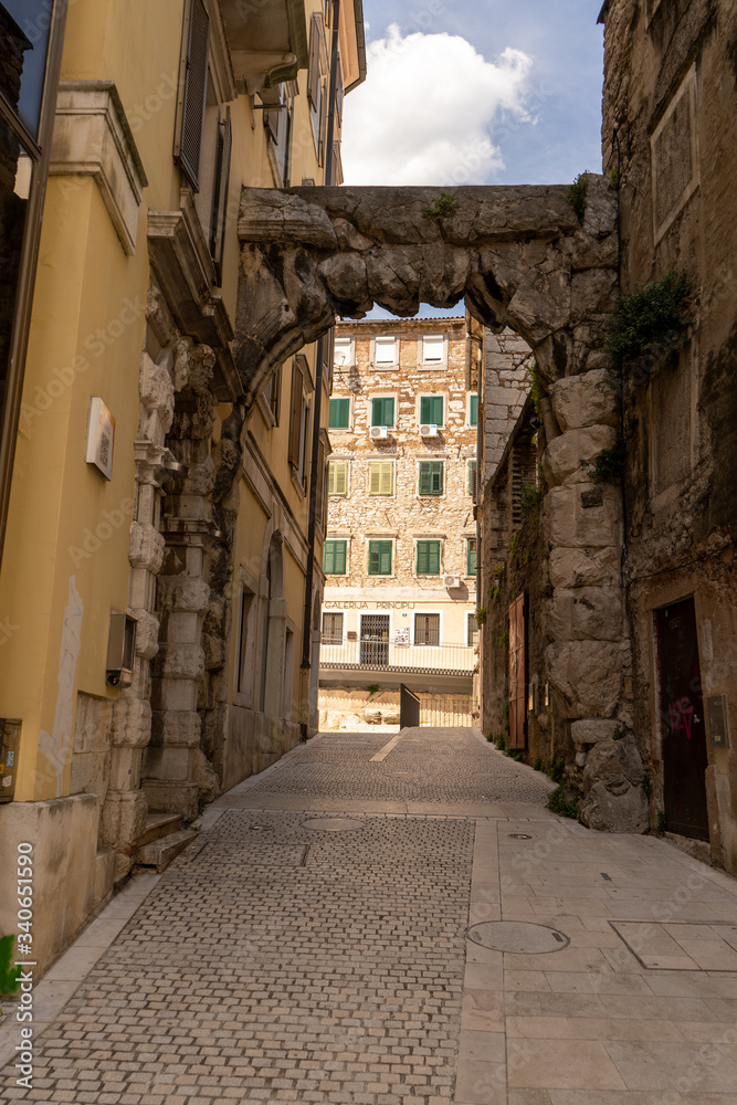 Old Gateway or Roman Arch of Rijeka, Croatia. One of the most famous tourist attractions. June 2019