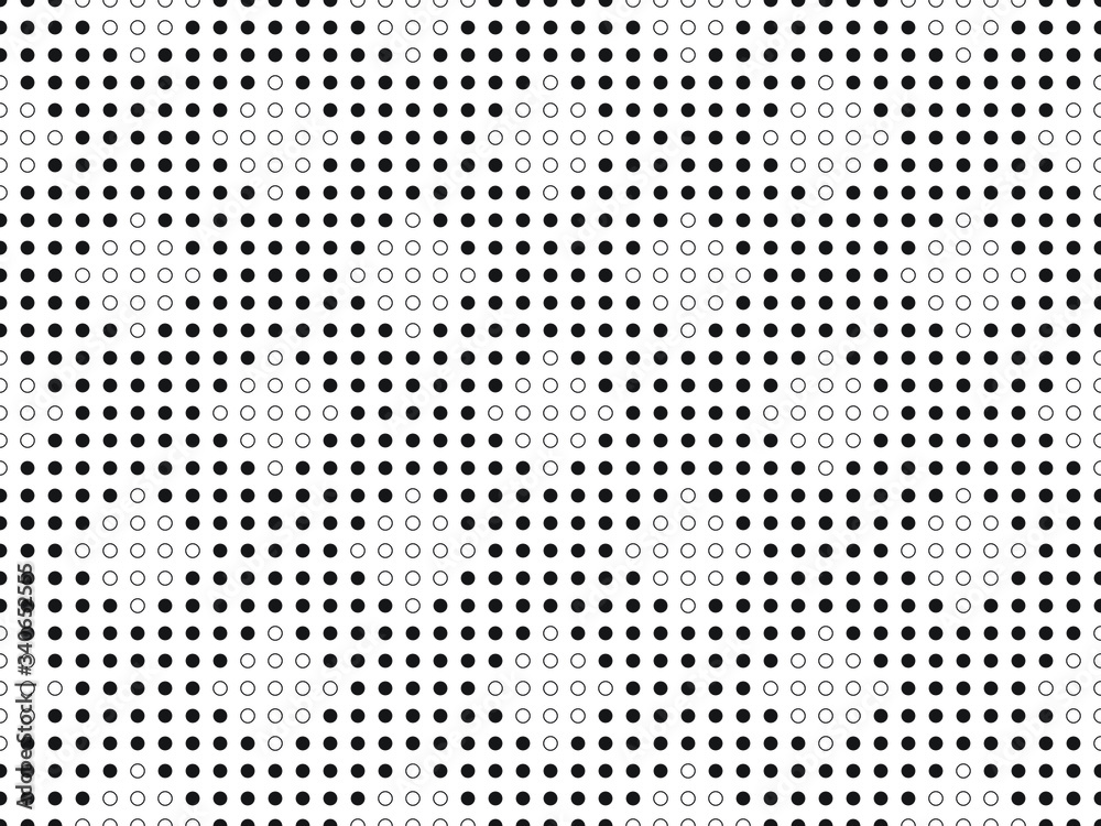 Monochrome seamless motif pattern wallpaper of circular white dots surrounded by black circles on white background