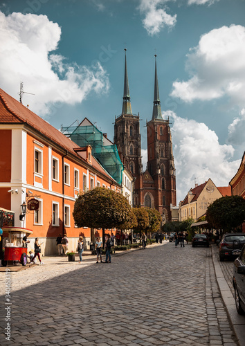 Market Square with Town Hall in Wroclaw, Poland early in the morning. Colorful cities concept.