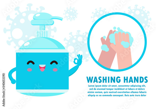 washing hand with Antibacterial hand sanitizer, Alcohol gel cute character. hand sanitizer, symbol in cartoon flat illustration vector isolated on white background coronavirus (2019-nCoV)