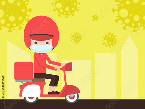 coronavirus quarantine in the city. The food delivery staff ride motorcycles to deliver food during a confinement in the home from the Covid-19. vector illustration