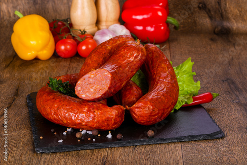 Pork sausages over wooden