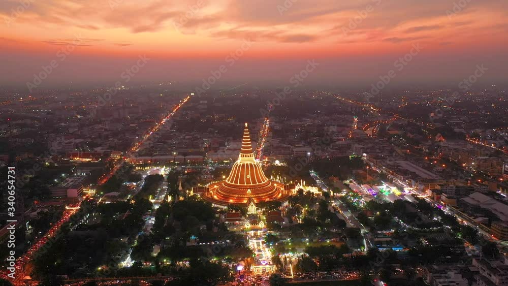 Aerial point of interest of Landmark Bird's-eye view of Golden pagoda Phra Pathom Chedi of Nakhon Pathom province, Thailand
