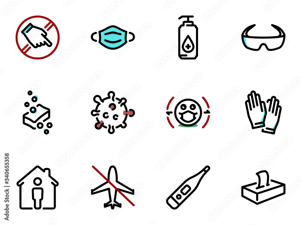 Fototapeta premium Set of black vector icons, isolated against white background. Illustration on a theme Key preventative solutions and limitations during a pandemic