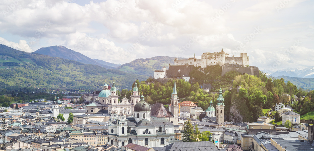 Salzburg summer time: Panoramic city landscape with Salzach and historic district