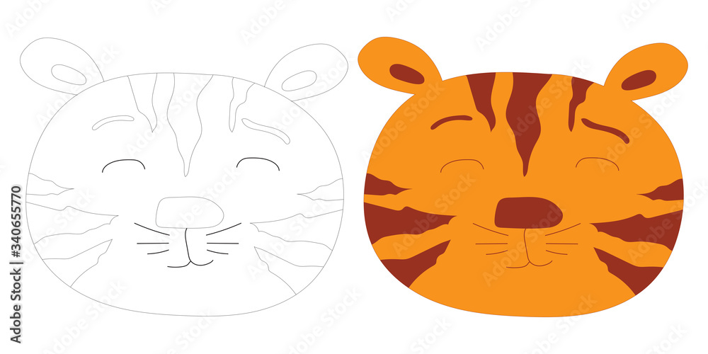 Cute icons of tiger head outline. Savanna animal in doodle style isolated on white background. Stock illustration in flat style. Coloring book for adults and children.