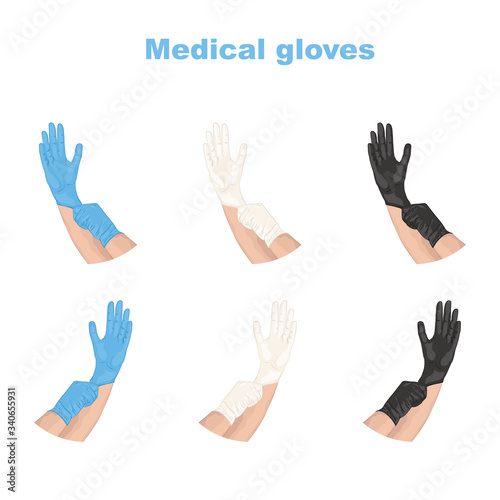 Hands in sterile medical gloves set. Blue, white and black gloves vector illustration.