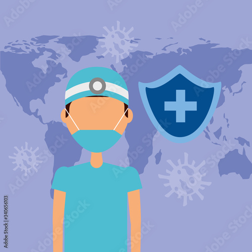 doctor with face mask and earth planet