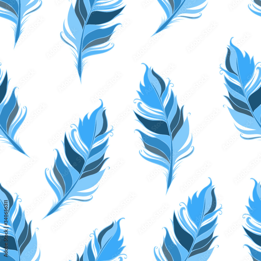 Blue feathers on White background. Seamless pattern. Vector illustration