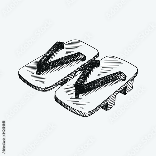 Hand-drawn sketch of Pair of wooden Geta Sandals. Japanese women appearance attributes. Japan culture. Traditional accessories, clothing and makeup in Japan.