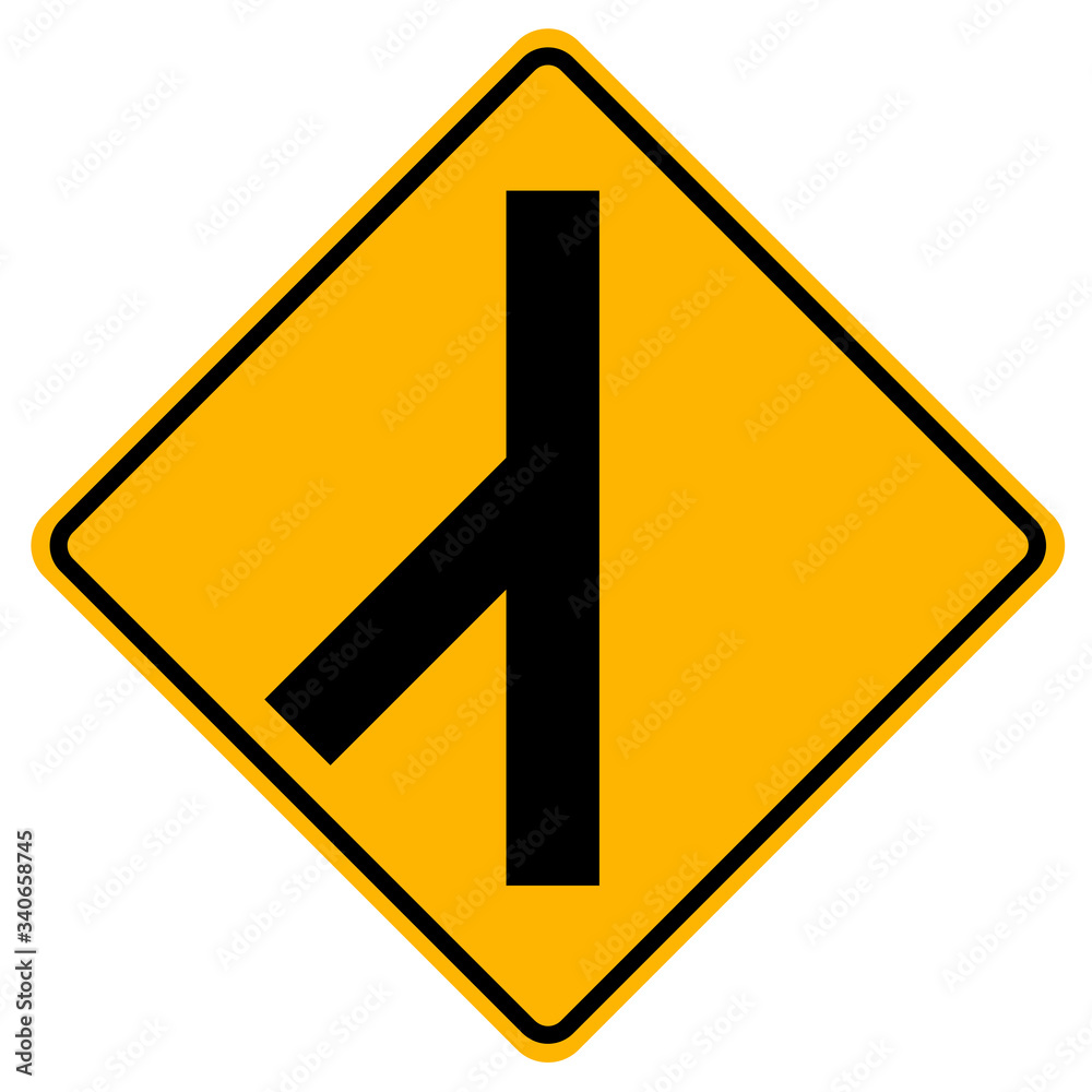 Warning signs Skewed side road junction on left on white background Warning signs Skewed side road junction on left on white background