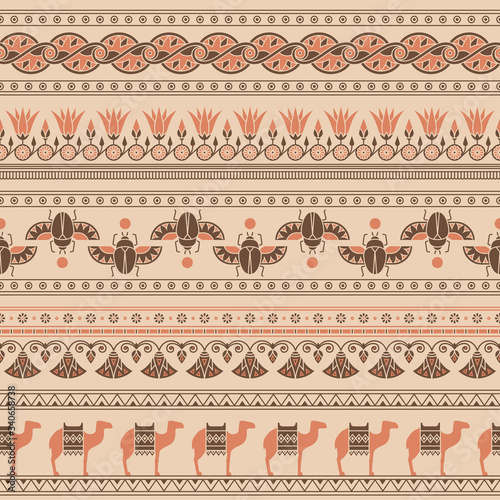 Light seamless pattern of symbols, landmarks, and signs of Egypt from icons in a linear style