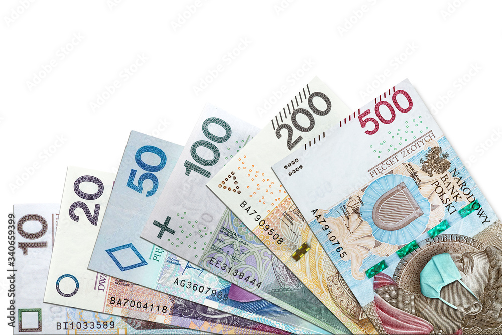 All Polish banknotes with face mask against Coronavirus which hit Polish economy causing recession and bankruptcy of thousands of companies. Copy space white background for text All Polish banknotes with face mask against Coronavirus which hit Polish economy causing recession and bankruptcy of thousands of companies. Copy space white background for text