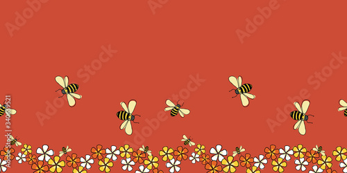 Pollinators Bees and flowers horizontal border seamless repeat Vector on red background surface design