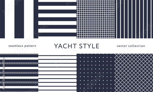 Set of nautical seamless patterns. Yacht style design. Vintage decorative background. Template for prints, wrapping paper, fabrics, flyers, banners, posters and placards. Vector illustration. 