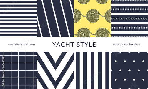Set of nautical seamless patterns. Yacht style design. Vintage decorative background. Template for prints, wrapping paper, fabrics, flyers, banners, posters and placards. Vector illustration. 