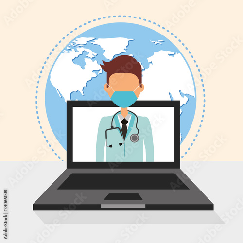 doctor with face mask in laptop telemedicine