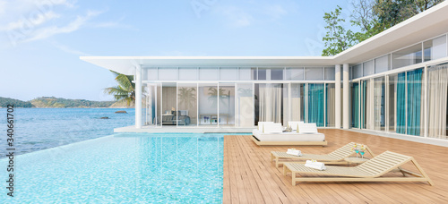 Sea view with a beautiful swimming pool, sunbeds and swings,3d render